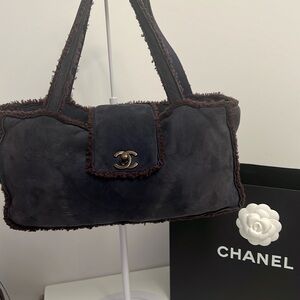 CHANEL Shearling Bag Navy Brown with gunmetal color Hardware 12.5”x6”x2.5”